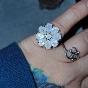 Flower Shaped Silver Rainbow Moonstone Ring
